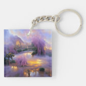 池のそばの夕暮れ時のピンクの柳 キーホルダー (裏面)