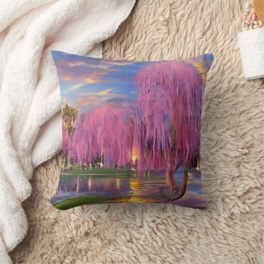 池のそばの夕暮れ時のピンクの柳 クッション (ブランケット)