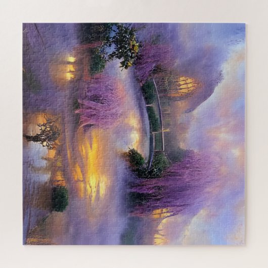 池のそばの夕暮れ時のピンクの柳 ジグソーパズル (横)