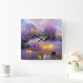 池のそばの夕暮れ時のピンクの柳 スクエア壁時計 (ホーム)