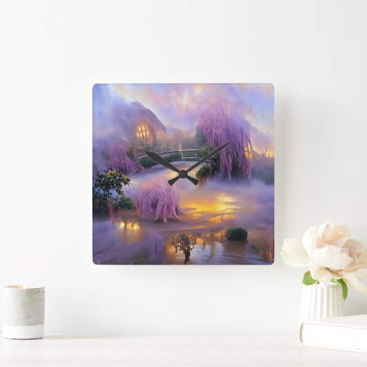 池のそばの夕暮れ時のピンクの柳 スクエア壁時計 (ホーム)