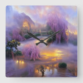 池のそばの夕暮れ時のピンクの柳 スクエア壁時計 (正面)