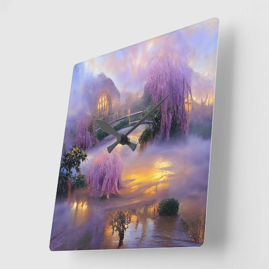 池のそばの夕暮れ時のピンクの柳 スクエア壁時計 (傾斜)