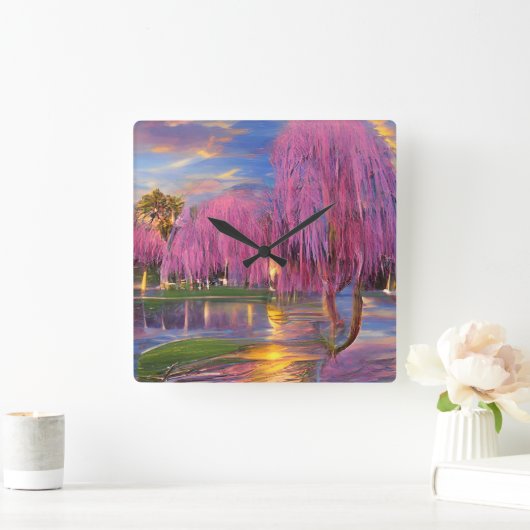 池のそばの夕暮れ時のピンクの柳 スクエア壁時計 (ホーム)