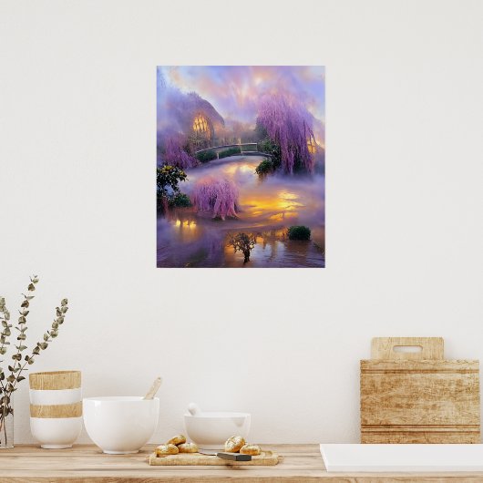 池のそばの夕暮れ時のピンクの柳 ポスター (キッチン)