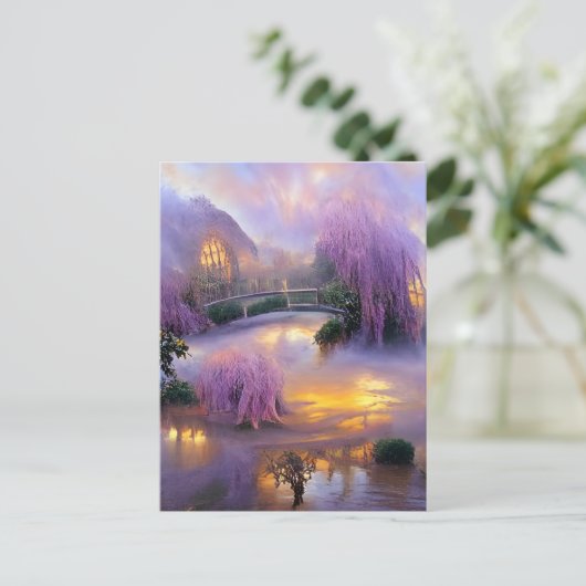 池のそばの夕暮れ時のピンクの柳 ポストカード (スタンド正面)
