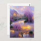 池のそばの夕暮れ時のピンクの柳 ポストカード (正面/裏面)