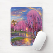 池のそばの夕暮れ時のピンクの柳 マウスパッド (マウス)