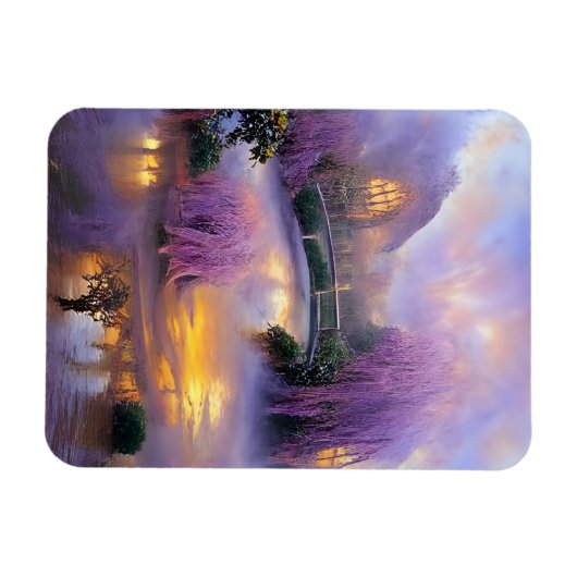 池のそばの夕暮れ時のピンクの柳 マグネット (横)