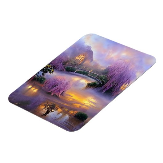 池のそばの夕暮れ時のピンクの柳 マグネット (左側)