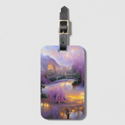 池のそばの夕暮れ時のピンクの柳 ラゲッジタグ (正面縦)