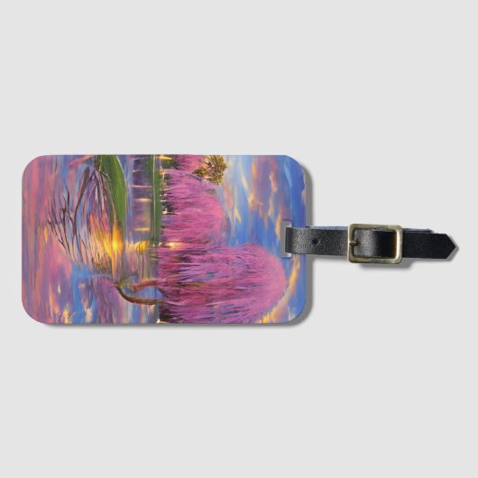 池のそばの夕暮れ時のピンクの柳 ラゲッジタグ (正面横)