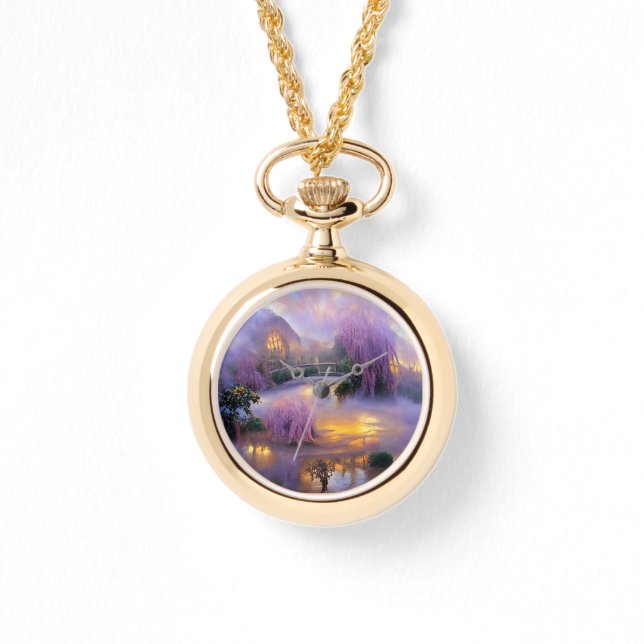 池のそばの夕暮れ時のピンクの柳 腕時計 (正面)