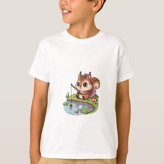 池のそばの子供たちと釣りするリス Tシャツ (正面)