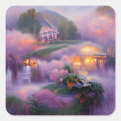 池のそばの日没に藤のコテージが輝く スクエアシール (正面)