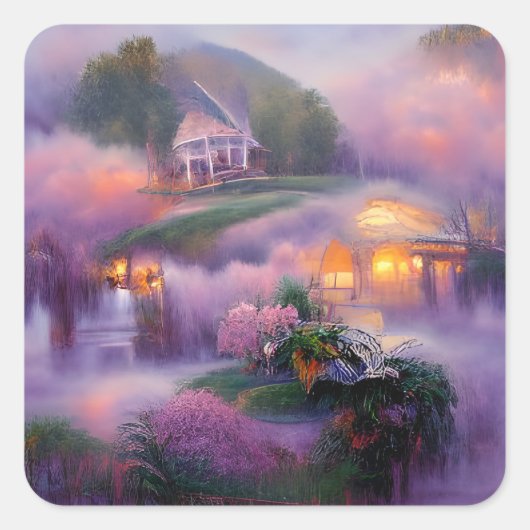 池のそばの日没に藤のコテージが輝く スクエアシール (正面)