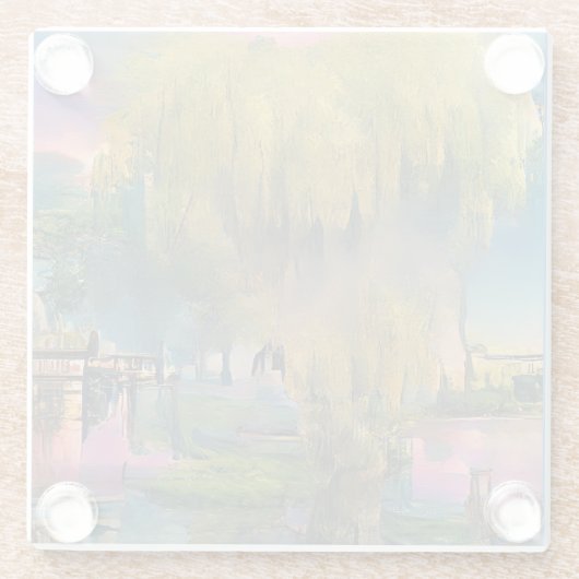 池のそばの日没の柳 ガラスコースター