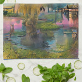 池のそばの日没の柳 キッチンタオル (折り畳み)