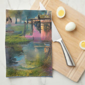 池のそばの日没の柳 キッチンタオル (四つ折り)