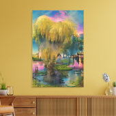池のそばの日没の柳 キャンバスプリント (インサイチュ (リビング))