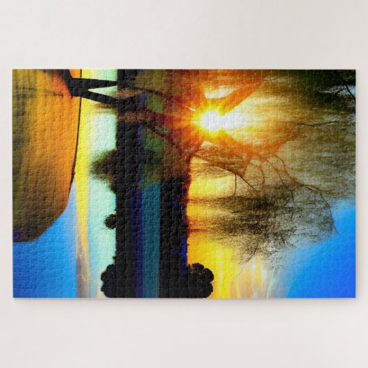 池のそばの日没の柳 ジグソーパズル (横)