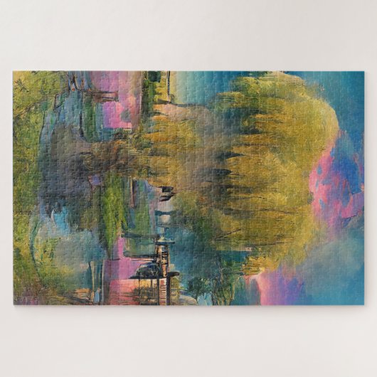 池のそばの日没の柳 ジグソーパズル (横)