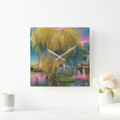 池のそばの日没の柳 スクエア壁時計 (ホーム)