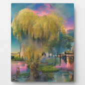 池のそばの日没の柳 フォトプラーク (正面)