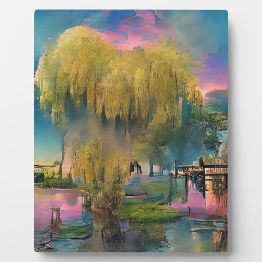 池のそばの日没の柳 フォトプラーク (正面)