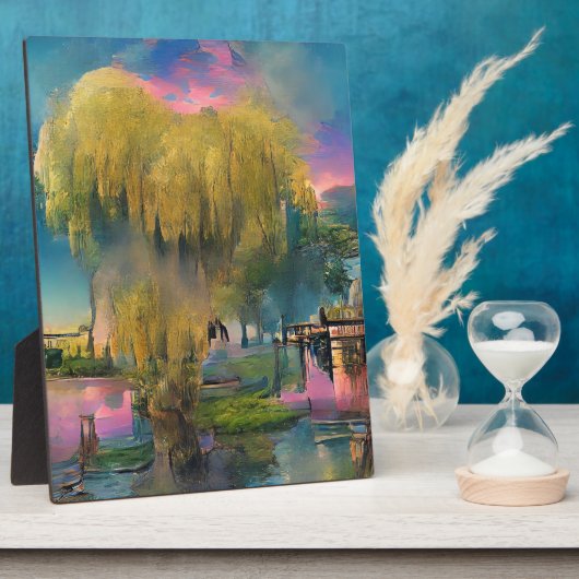 池のそばの日没の柳 フォトプラーク (側面)