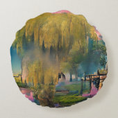 池のそばの日没の柳 ラウンドクッション (裏面)