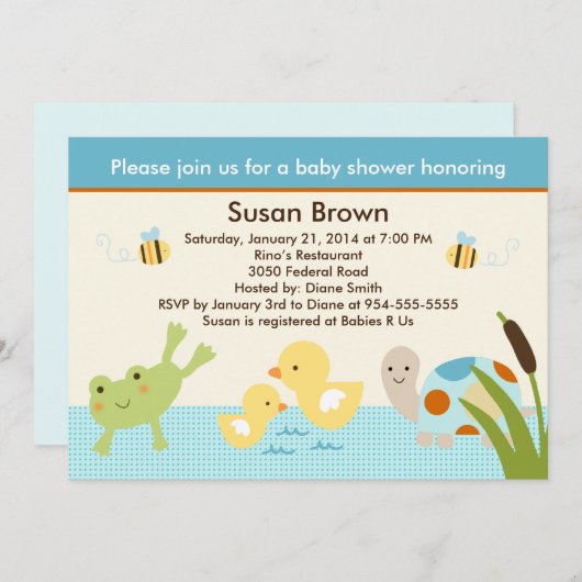 池のカエル/亀の赤ちゃんシャワー招待状 招待状 (正面/裏面)