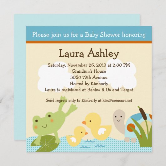 池のカエル/亀の赤ちゃんシャワー招待状 招待状 (正面/裏面)