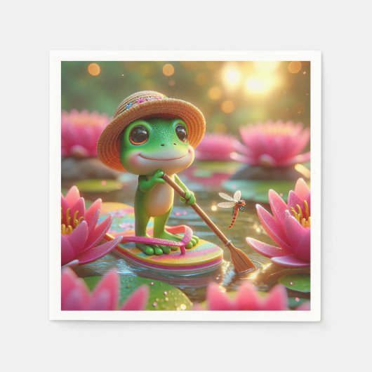 池のフロップに浮かぶカエル スタンダードカクテルナプキン (正面)
