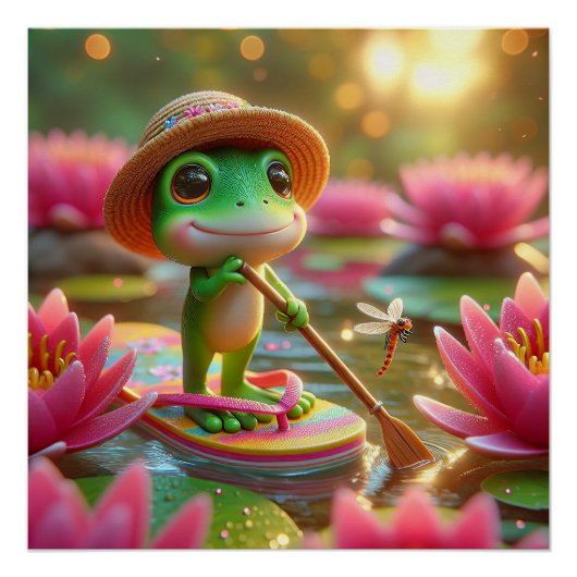 池のフロップに浮かぶカエル ポスター (正面)