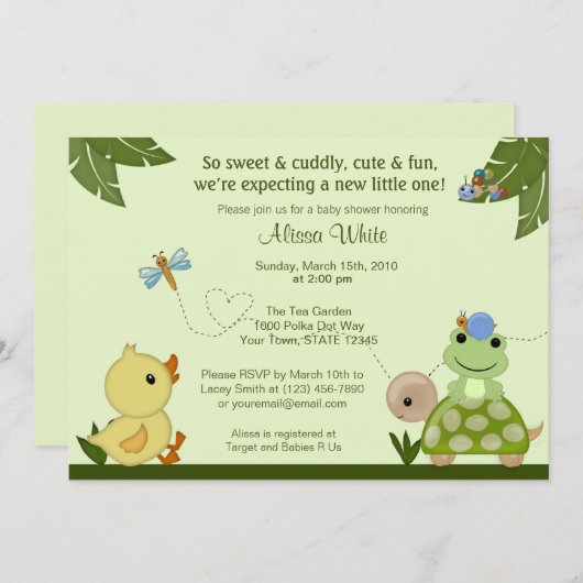 池のベビーシャワーの招待状のアヒルのカエル 招待状 (正面/裏面)