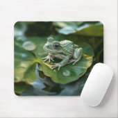 池のユリの上のハッピーグリーンカエル マウスパッド (マウス)