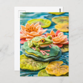 池のリリー・パッドに乗ったグリーン・カエル ポストカード