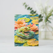 池のリリー・パッドに乗ったグリーン・カエル ポストカード (スタンド正面)