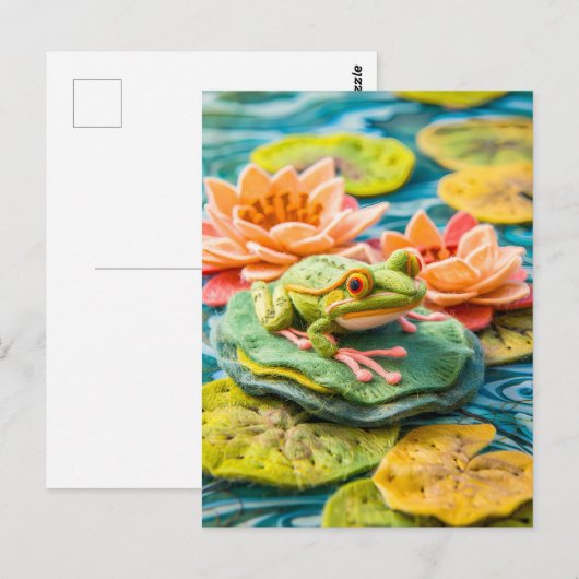 池のリリー・パッドに乗ったグリーン・カエル ポストカード (正面/裏面)