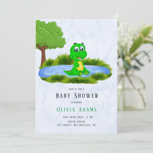 池のワニ男の子の赤ちゃんシャワー 招待状 (スタンド正面)