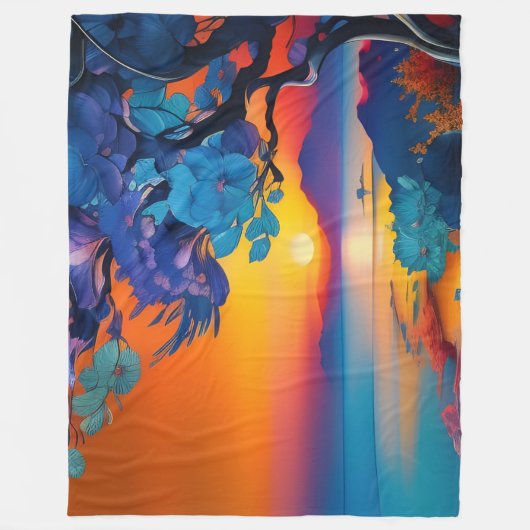 池の上のゴージャスな日の出 フリースブランケット (正面)