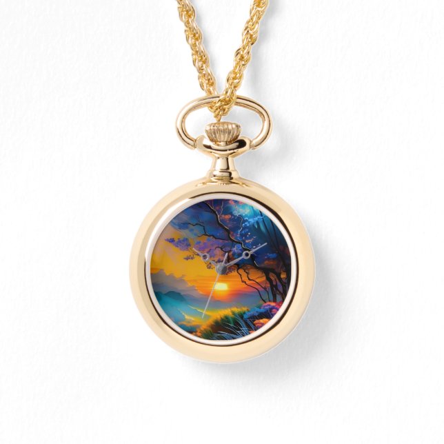 池の上のゴージャスな日の出 腕時計 (正面)