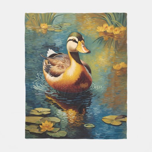 池の上の穏やかな芸術的アヒル絵画 フリースブランケット (正面)