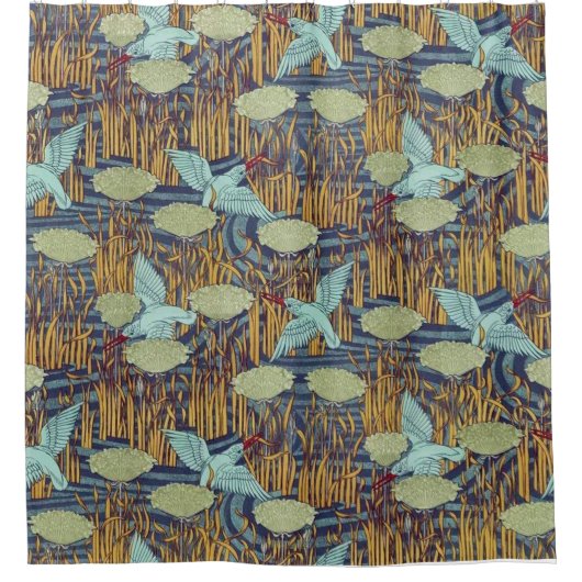 池の上の鳥のヴィンテージアールヌーボー シャワーカーテン (正面)