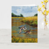 池の上飛んでいるのアヒル カード (黄色い花)