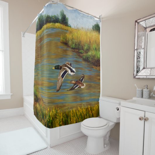 池の上飛んでいるのアヒル シャワーカーテン (インサイチュ)