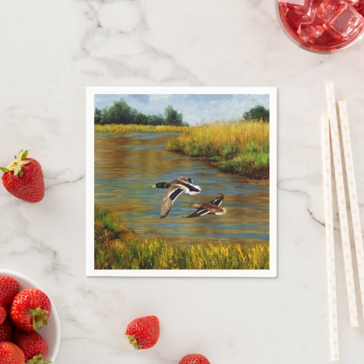 池の上飛んでいるのアヒル スタンダードカクテルナプキン (インサイチュ)