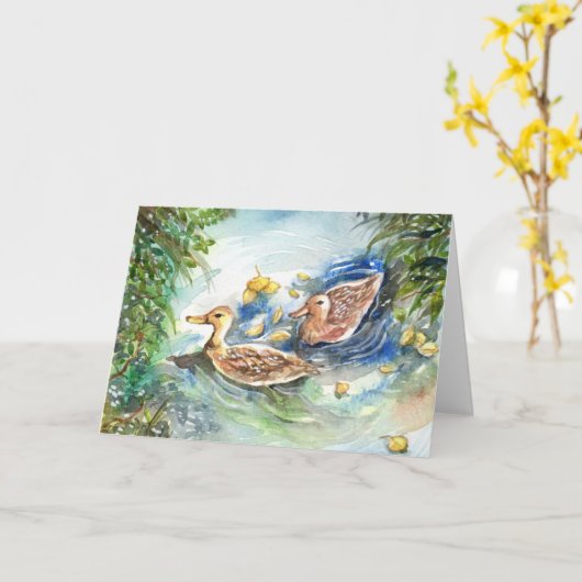 池の中のアヒル カード (黄色い花)