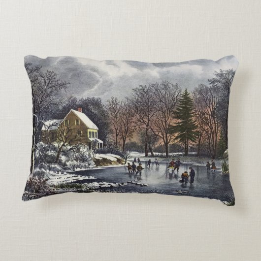 池の冬の初めのスケーター、ビンテージクリスマス アクセントクッション (裏面)